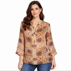 LA CERA Women's Printed Button Down Shirt Rust Plus Size 2X 3/4 Sleeves V-Neck
